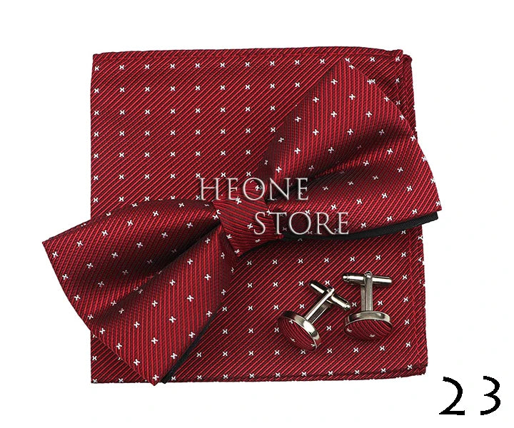 3PC Mens Bowtie Set Fashion Dot Solid Polyester Bow Tie Handkerchief Cufflinks Bar Party Wedding Business Daily Wear Accessories