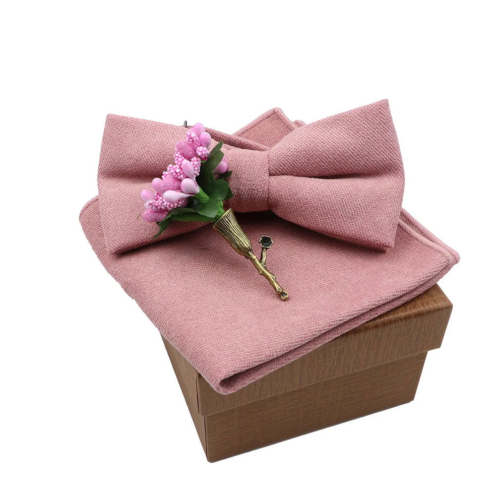 Solid Color Cotton Bowtie Handkerchief Flower Brooch Set For Men Women Party Wedding Blue Pink Green Bowties Novelty Ties Gift
