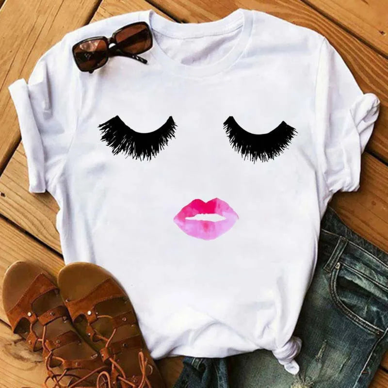 Maycaur New Cute Eye Lashes Red Lips Print Women T Shirt Summer Casual Short Sleeve O Neck T-shirt Fashion Ladies Shirt Tops