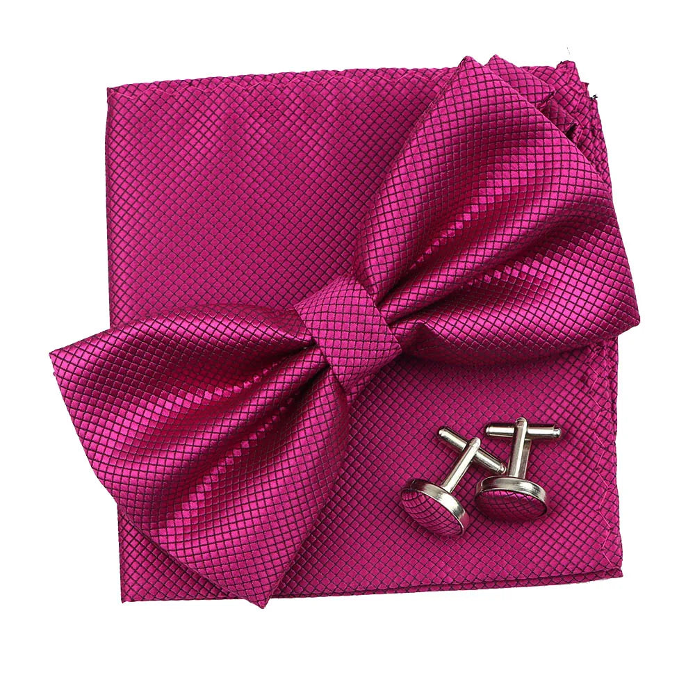 3PC Mens Bowtie Set Fashion Dot Solid Polyester Bow Tie Handkerchief Cufflinks Bar Party Wedding Business Daily Wear Accessories