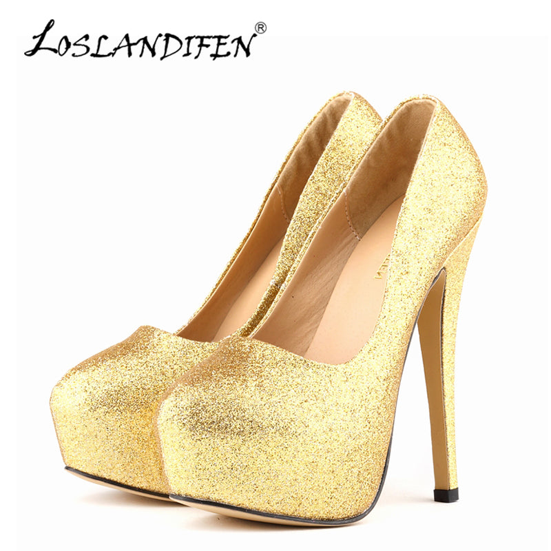 LOSLANDIFEN Sexy Women Pumps Ultra High Heels Glitter Gold Shoes 14cm Platform Round Toe Ladies Wedding Party 817-1Gitter