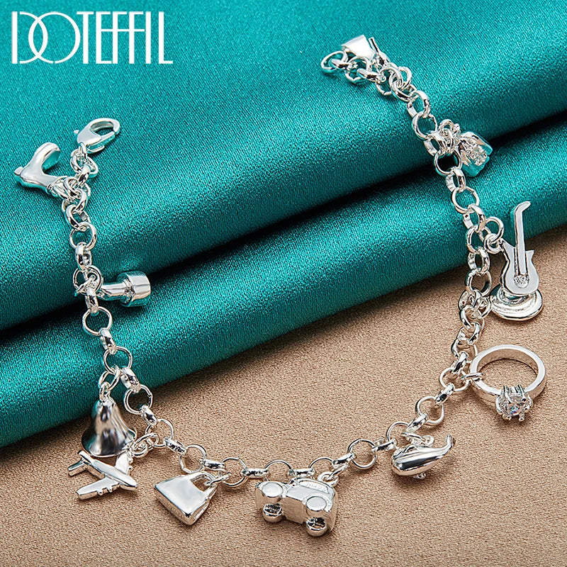 DOTEFFIL 925 Sterling Silver 18K Gold Shoe Bell Airplane Lock Car Fish Ring Lollipop Guitar Bracelet Chain Women Charm Jewelry