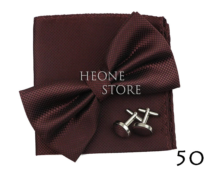 3PC Mens Bowtie Set Fashion Dot Solid Polyester Bow Tie Handkerchief Cufflinks Bar Party Wedding Business Daily Wear Accessories