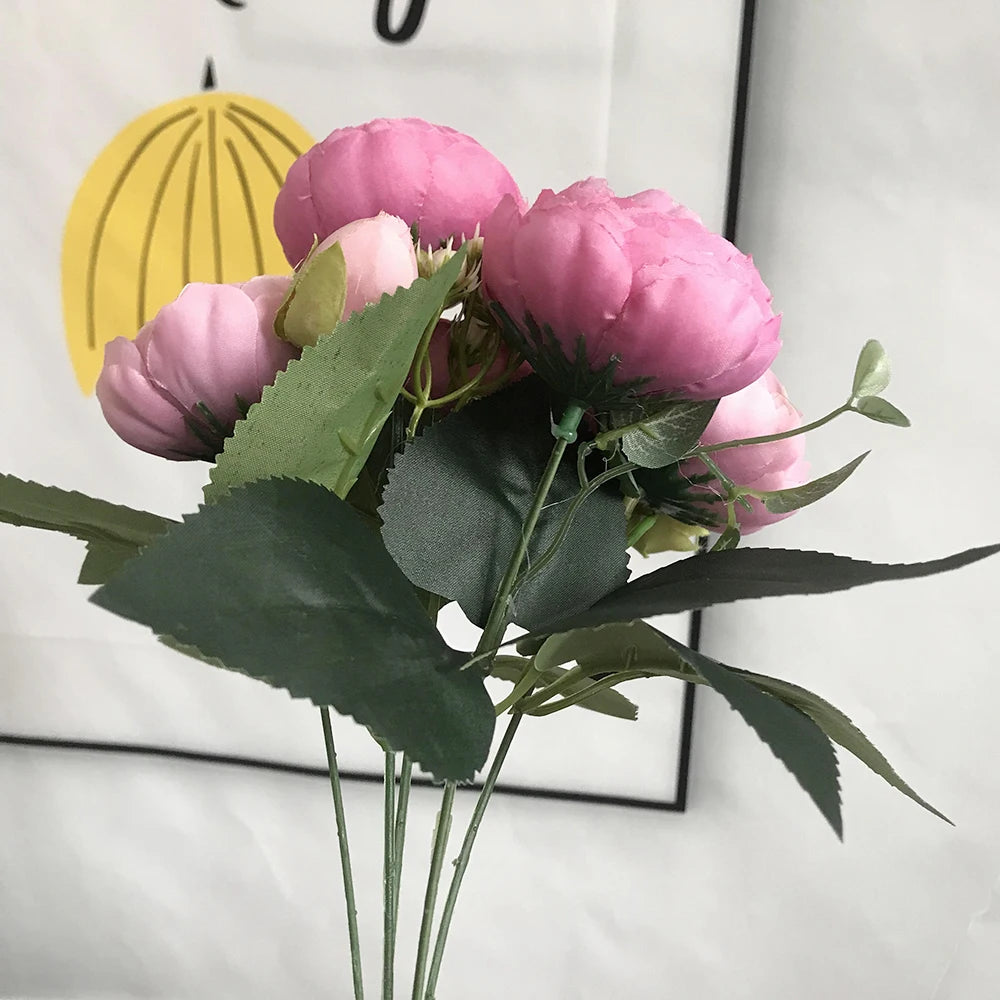 30cm Rose Pink Silk Bouquet Peony Artificial Flowers 5 Big Heads 4 Small Bud Bride Wedding Home Decoration Fake Flowers Faux