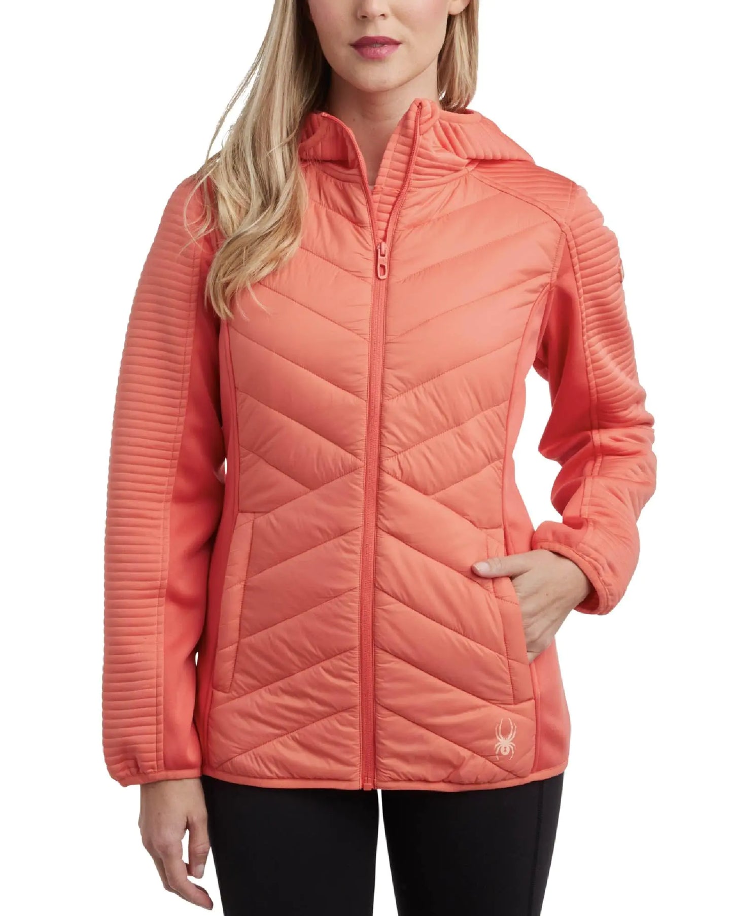 Spyder Womens Puffer Jacket - Mixed Fleece Insulated Winter Coat with Taffeta Panels- Quilted Hooded Jacket for Women (S-XL) Size Large Coral