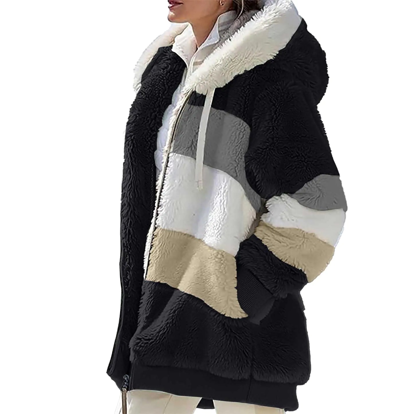 Droeadgor Winter Fuzzy Fleece Jacket for Women Full Zip Plush Hooded Cardigan Coats Soft Oversized Shaggy Warm Outerwear