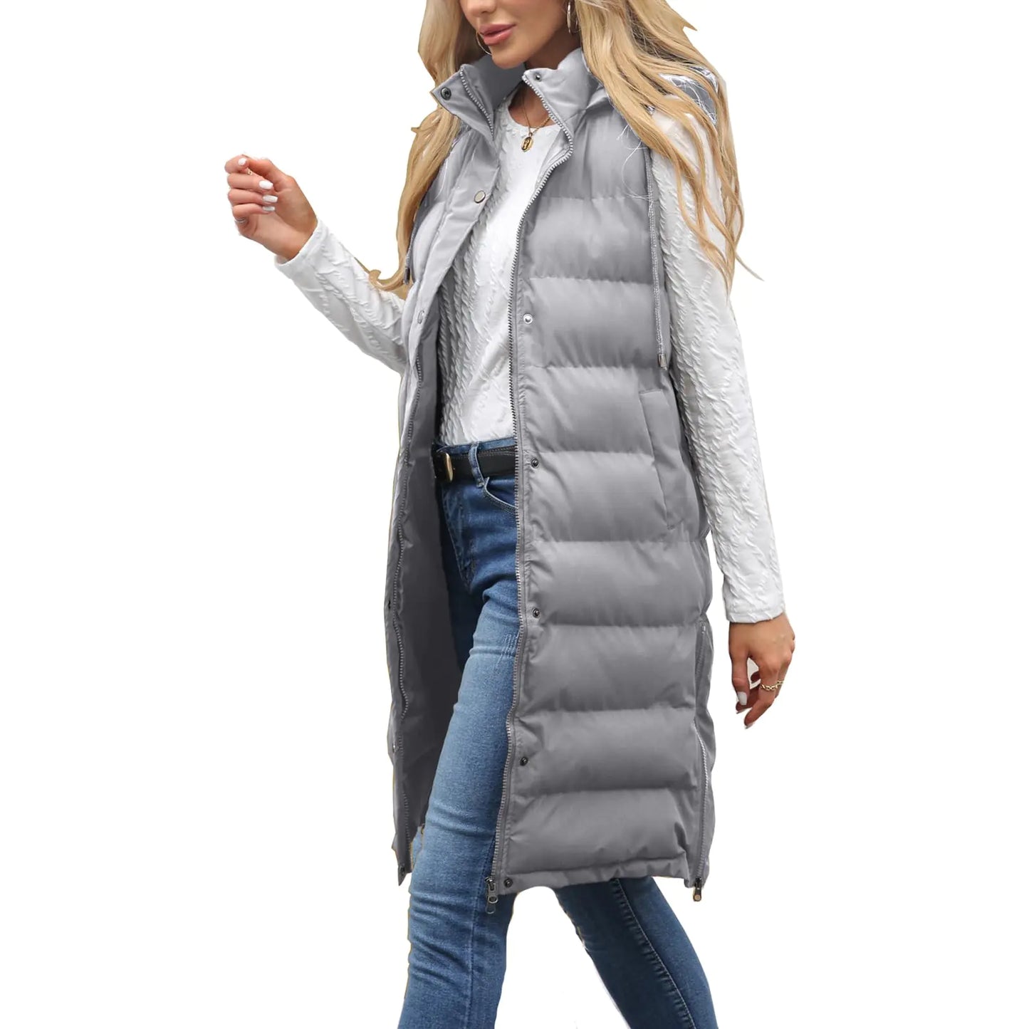 Ciguo Long Vest for Women Sleeveless Winter Long Puffer Vest Lightweight Warm Zip Up Hooded Jacket