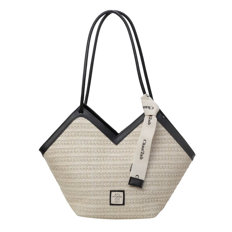 Woven Straw Woven Bag Women's Large Capacity 2025 New Arrival Easiest for Match Seaside Shoulder Bag Beach Vacation Commuter Tote