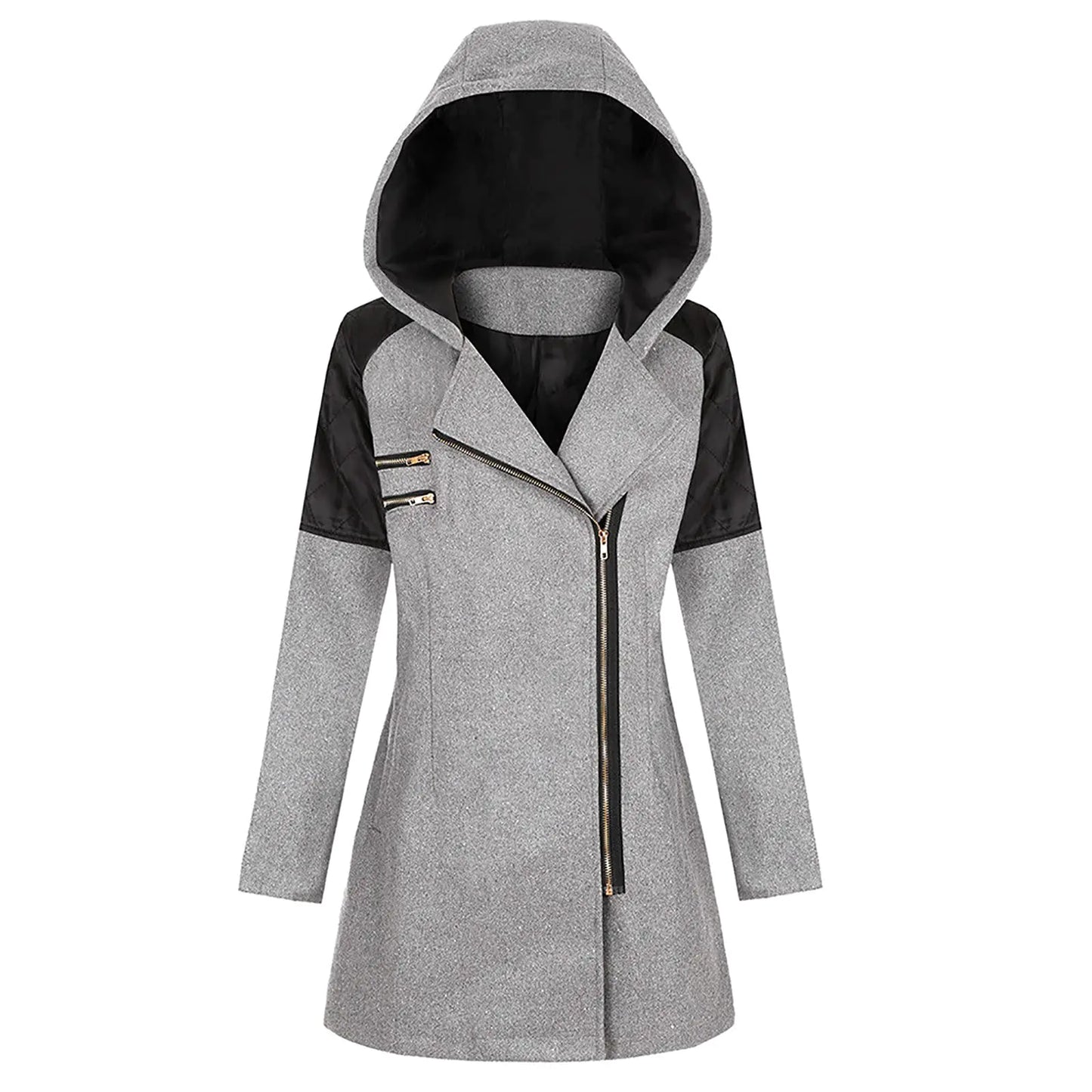 Meoguillat Winter Trench Coat Women Lapel Double Breasted Wool Blend Pea Coats Fashion Plaid Hooded Long Jacket with Belted