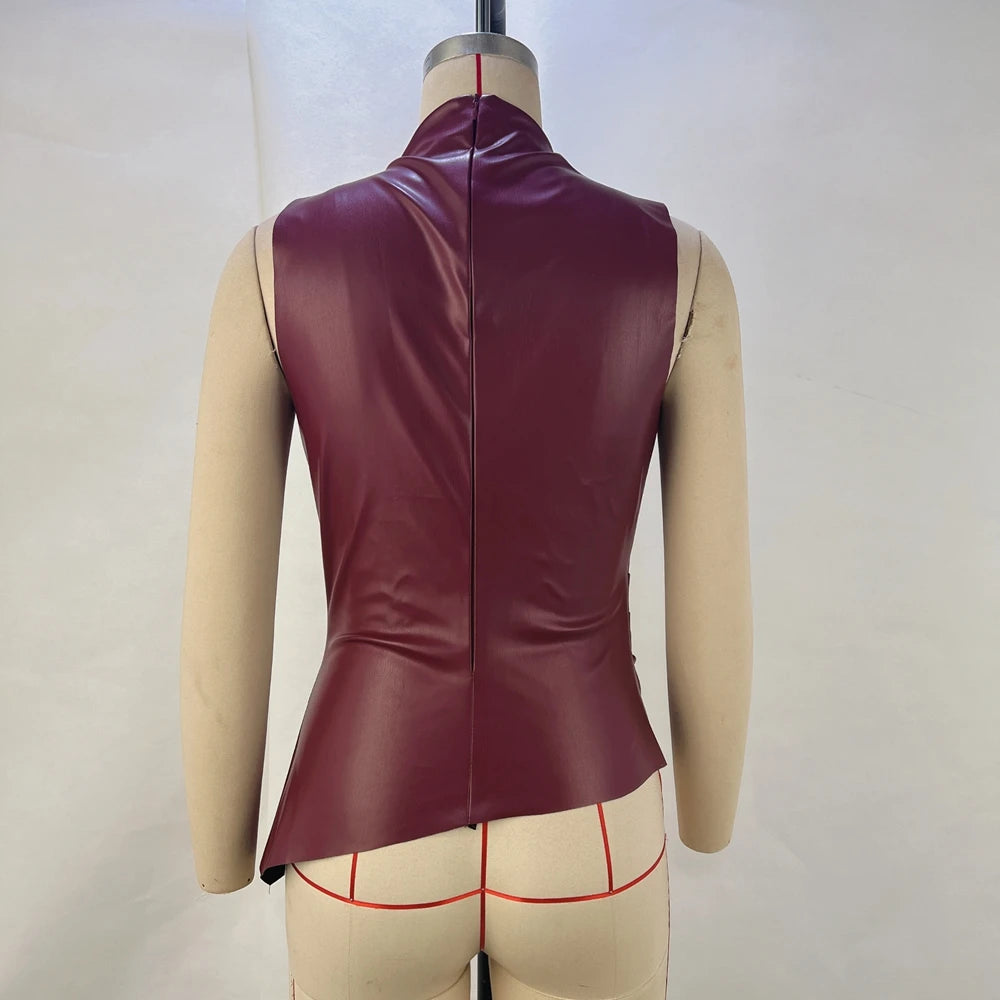 New Fashion Solid Color Leather Stacked Collar Personalized Waist Straightening Sleeveless Top For Women