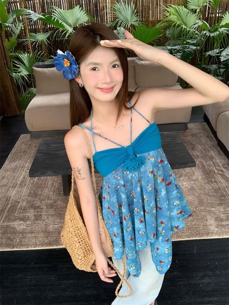 Korejpaa Retro Floral Irregular Camisole Vest Women Summer Blue Three Dimensional Flower Design Y2k Top Outwear Clothesトップス