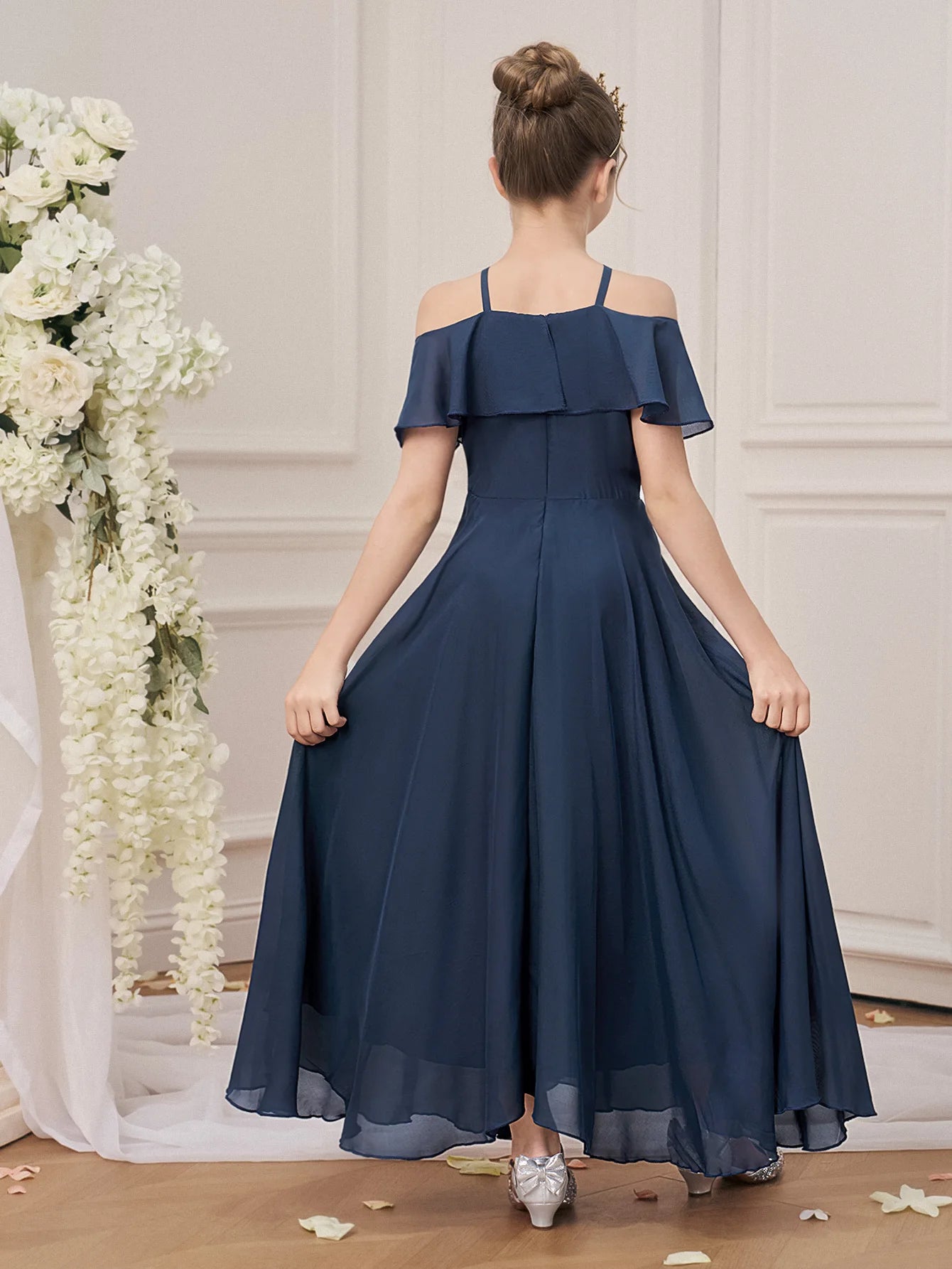 Ruffle Girls Party Bridesmaid Strap Dress off Shoulder Long Wedding Princess Prom Dresses Kids Elegant Beach Birthday Evening