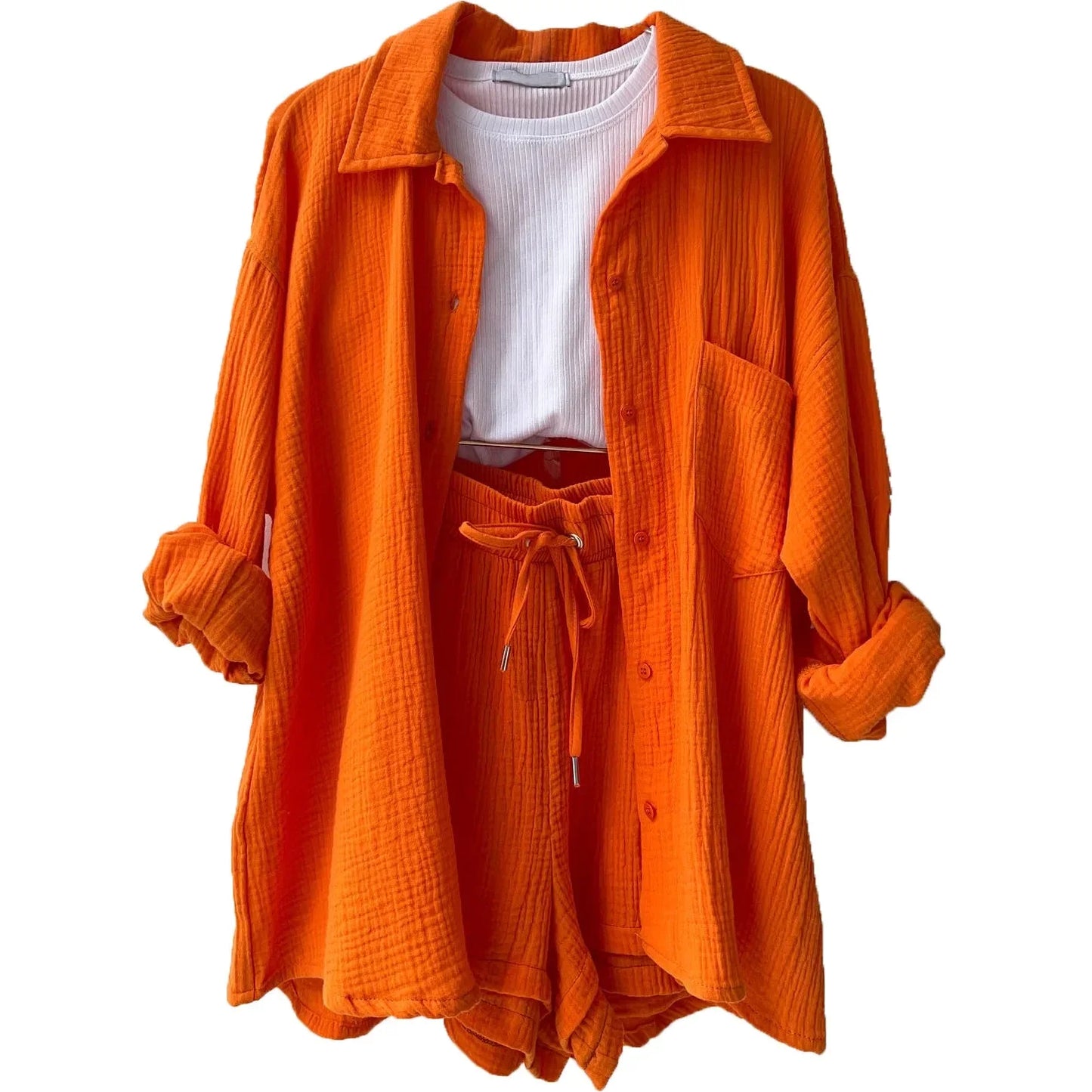 Short Sets Women Tracksuit Single Breasted Cardigan Blouses Two Pieces Shorts Loose Button High Street Solid Pockets Folds