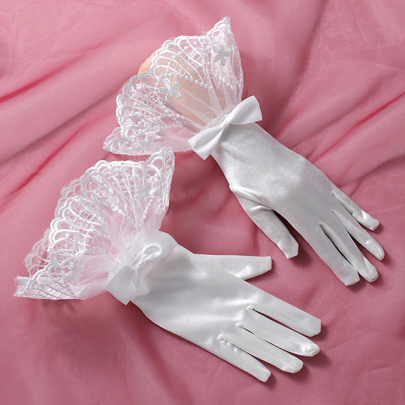 Bridal Wedding Gloves Dignified And Elegant Ladies' White Holiness Wrist Length Printed Bride Gloves