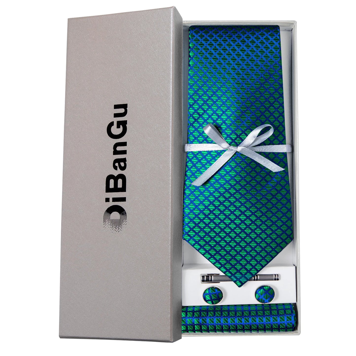 Solid Black Plaid Men's 8cm Polyester Neck Tie Handkerchief Cufflinks Set with Gift Box Tie Clip Birthday Anniversary Gift