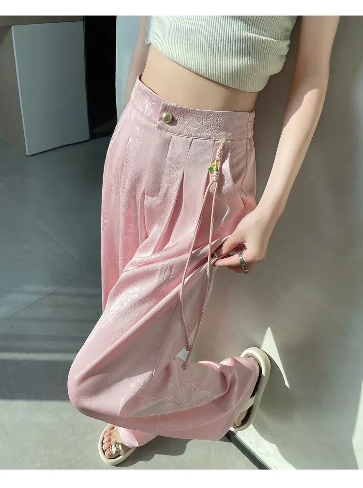 New Chinese Style Jacquard Wide Leg Satin Pants for Women Elegant Solid Office Lady Women's Casual Loose Pants Female