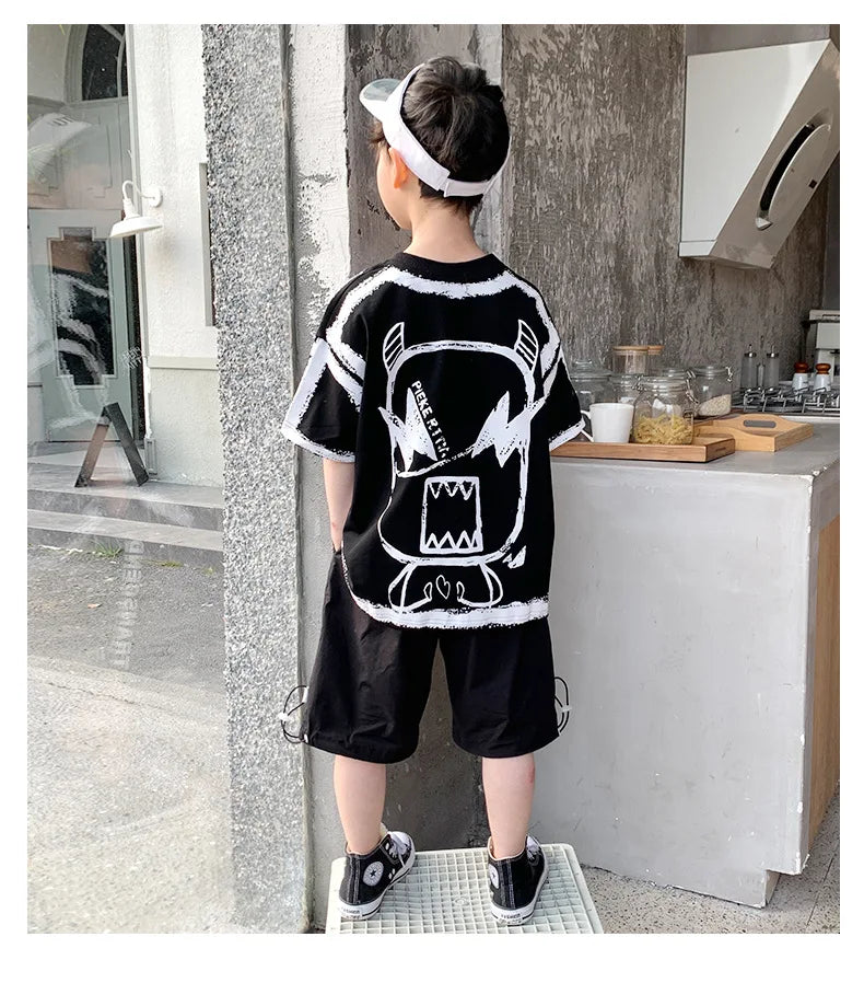 Summer Casual Boys Cotton Contrast Alphabet Graffiti t-Shirt Top+Shorts Pant Set School Kids Tracksuit Child 2PCS Outfit 5-14 Yr