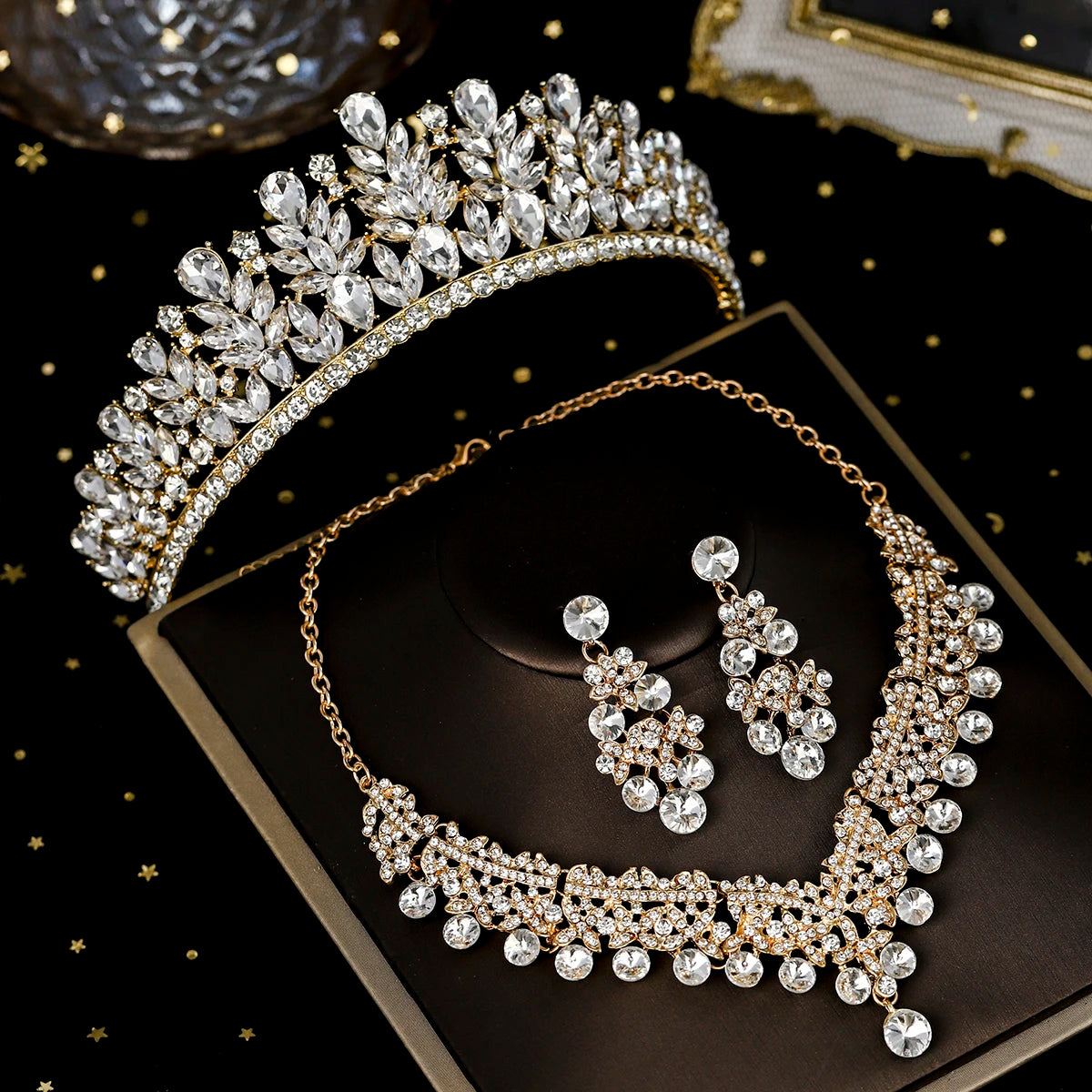 Bridal Wedding Elegant Headpieces Crystal Crown Tiara Classic Earrings & Necklace Set Jewelry Accessories Gifts for Friends
