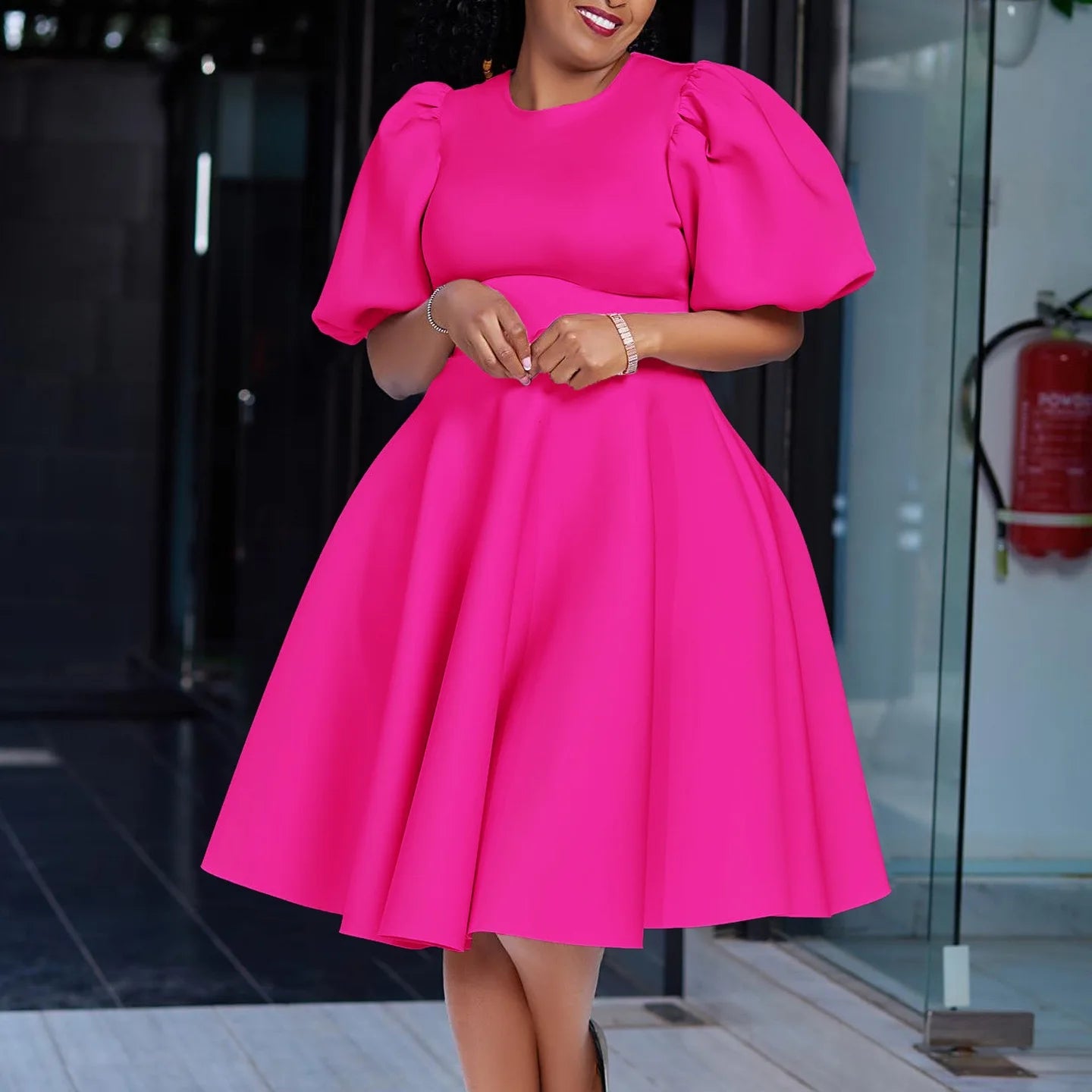 Elegant Party Dresses for Women O Neck Short Sleeve High Waisted A Line Pleated Mid Calf Luxury Birthday Dinner Vestidos Mujer