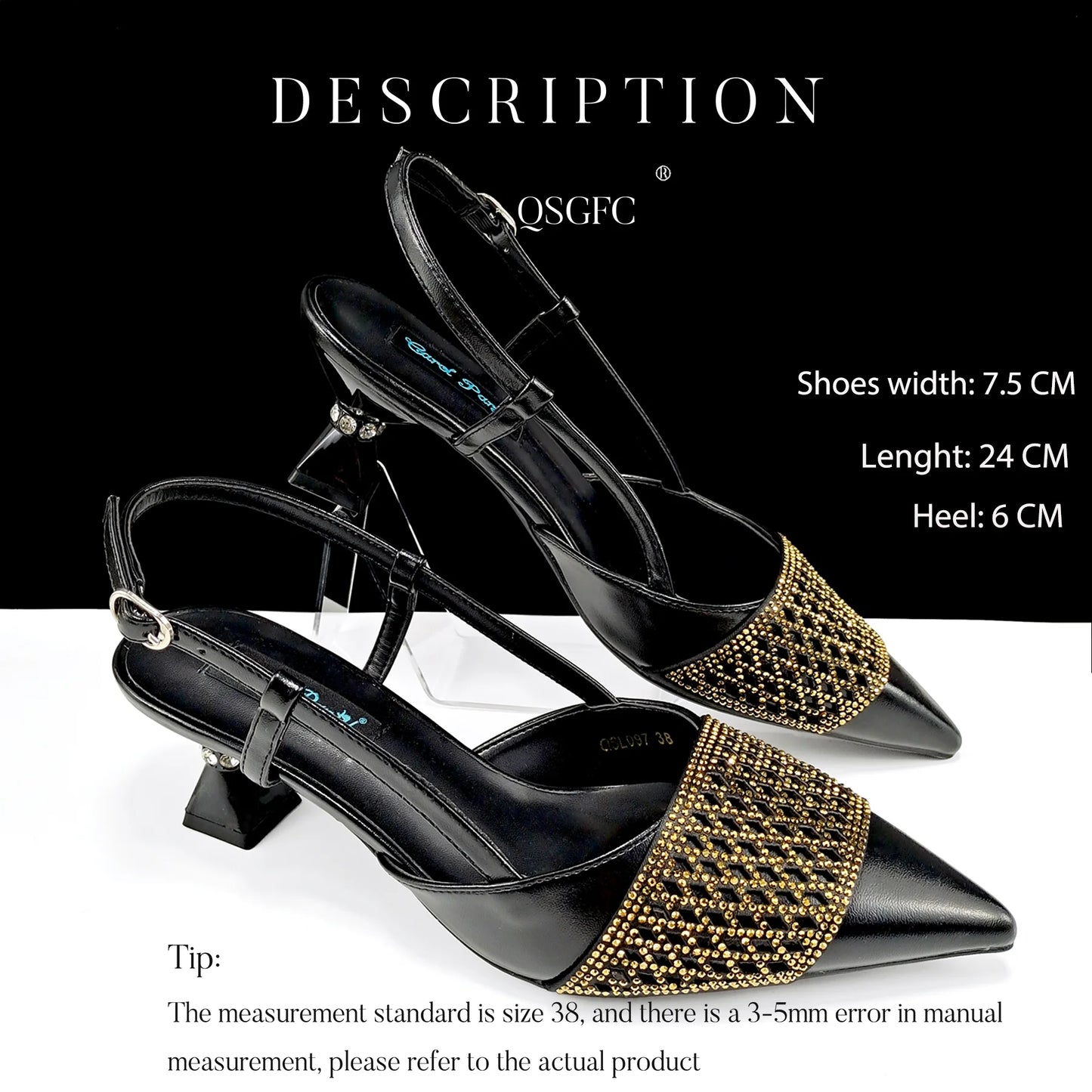 Newest Elegant Mature Style Black Color Party Wedding High Heel Pointed Toe Women Shoes and Bag full of Sequins Decoration