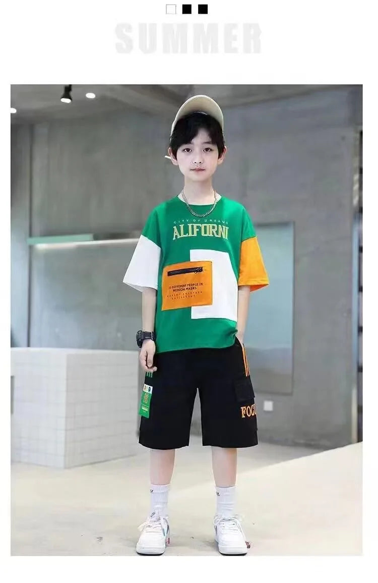 2025 summer Teenager Boys Clothes Casual Outfit Kids Tracksuit Child t shirt + shorts hot pant 4 5 6 7 8 9 10 12 11 13 14 Year