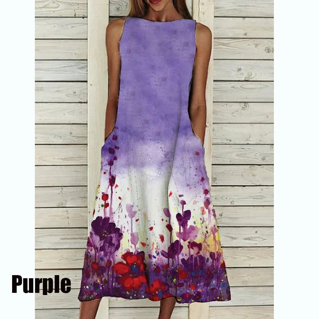 2023 Summer Women Clothing Fashion Elegant Sleeveless Print A-Line Dress Round Neck Casual Party Dresses Girls Sweet Dress