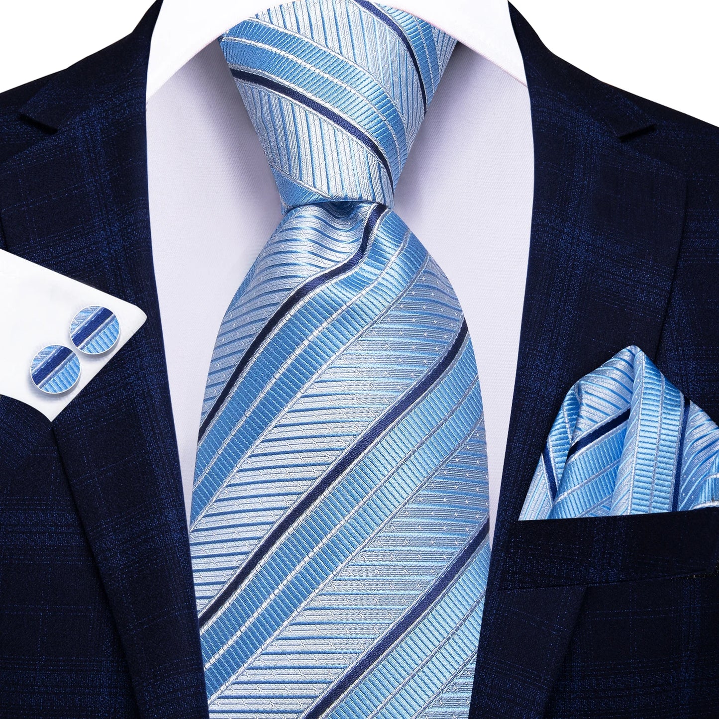 Hi-Tie Striped Burgundy Blue Black Men Elegant Necktie Handkerchief Cufflinks 3PCS Set Fashion Classic Silk Luxury Tie for Man