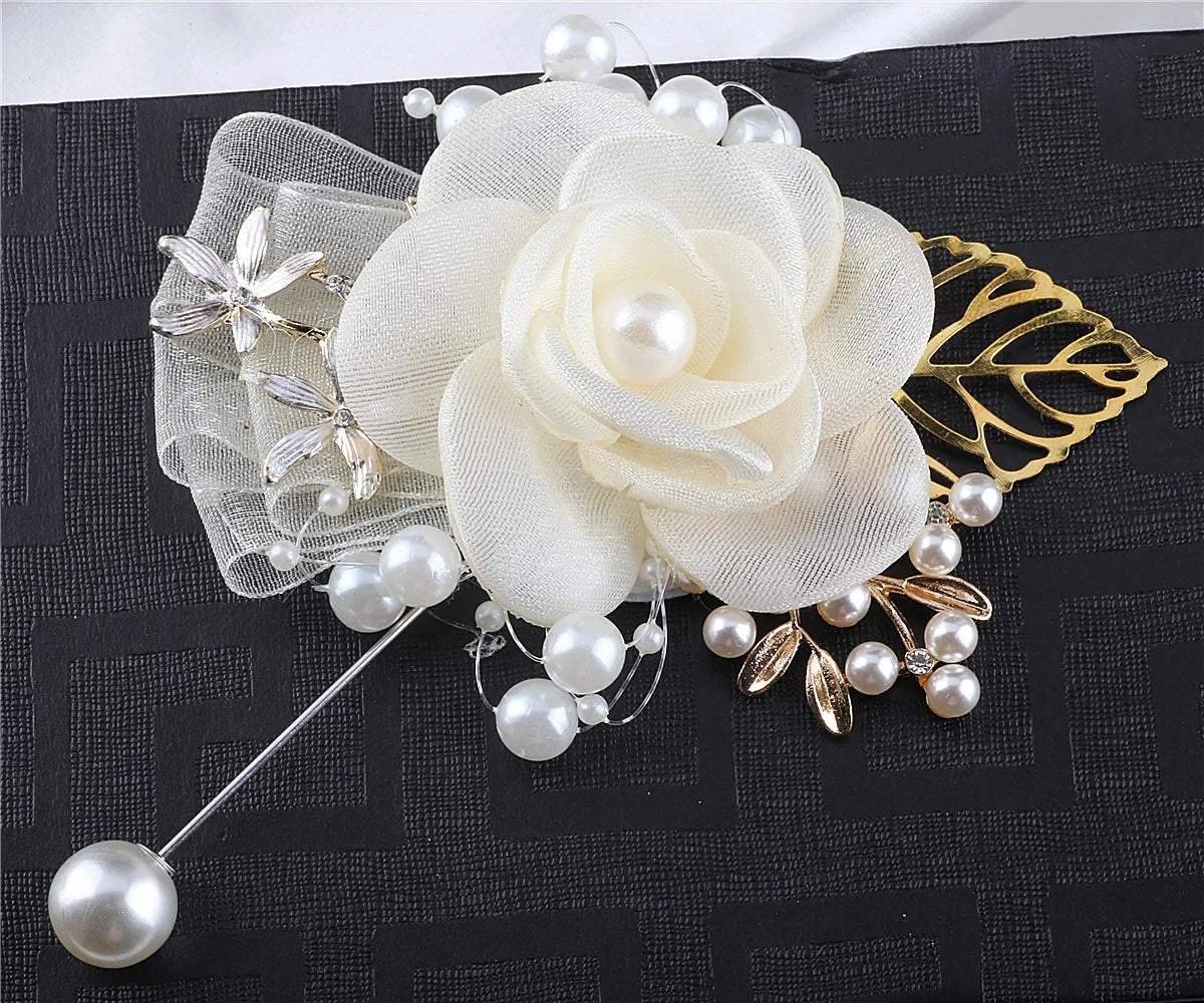 Artifical Rose Flowers Pearl Beaded Wrist Flower Ivory Flowers Bridesmaid Mensuit Marriage Wedding Accessories
