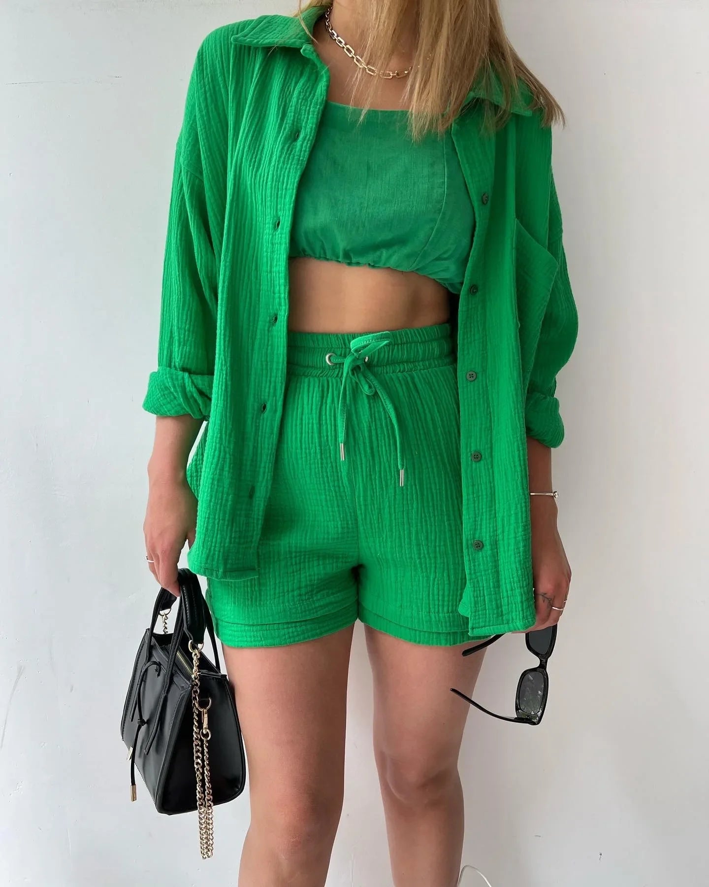 Short Sets Women Tracksuit Single Breasted Cardigan Blouses Two Pieces Shorts Loose Button High Street Solid Pockets Folds