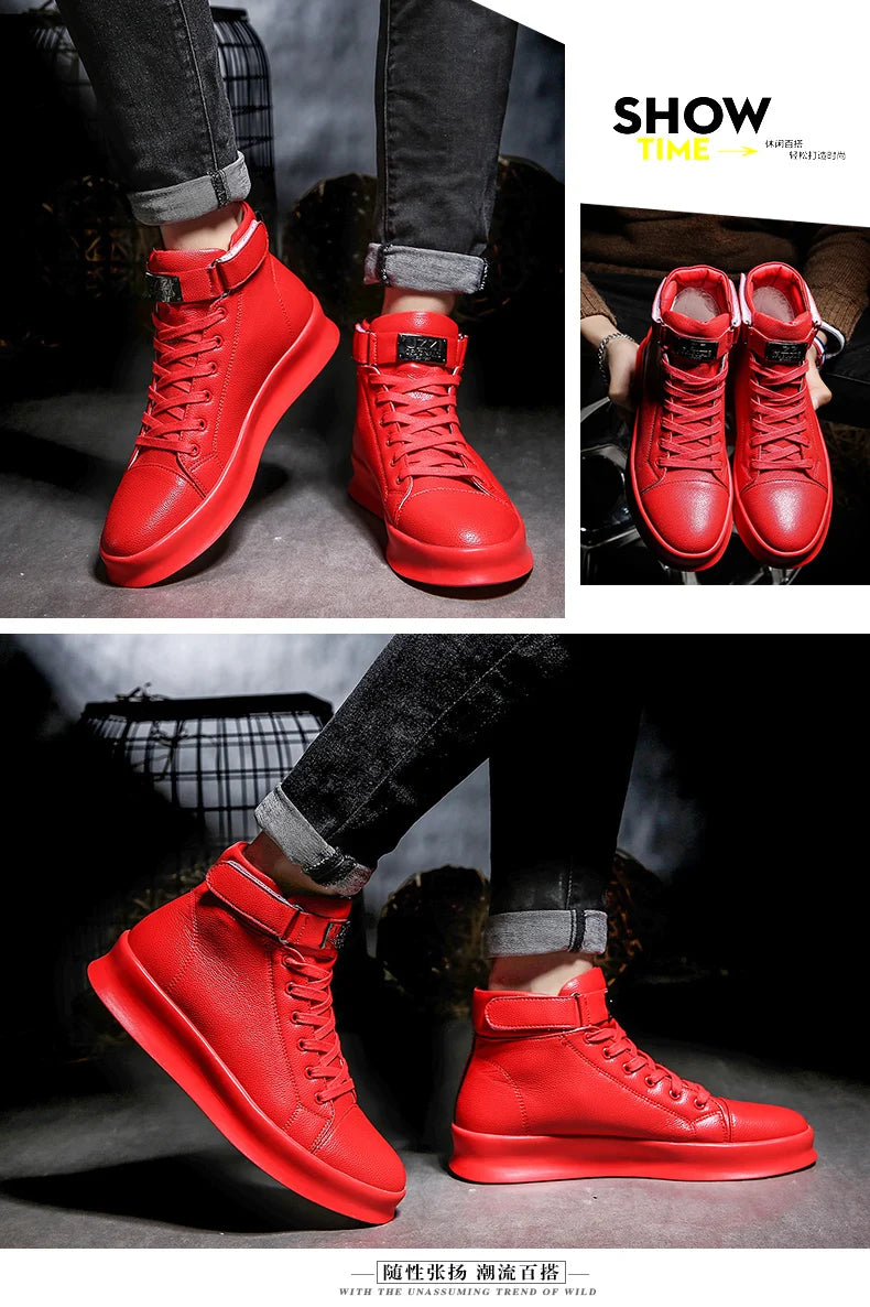 Fashion Luxury Men's Red High Top Sneakers PU Leather Casual Sneakers Men Flat Designer Shoes Breathable Hip Hop Sport Shoes Man