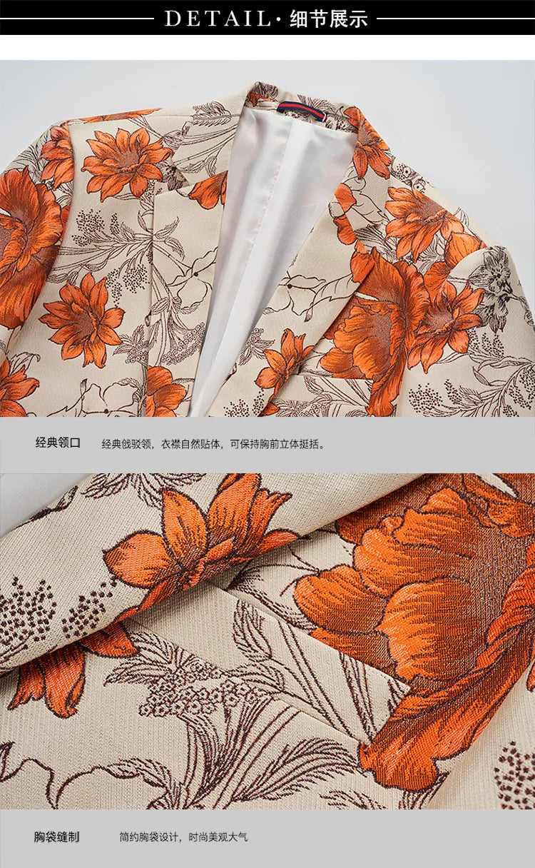 Men Suit 2 Pieces Orange Flower Pattern One Button Business Casual For Wedding Birthday Party Set Jacket And Pants