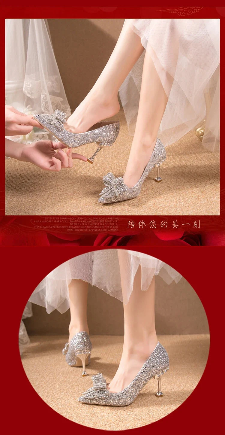 Women's Rhinestone Wedding Shoes New Year Shoes Luxury Buckle Decorative Banquet Women's Shoes High Heels Gold Silver Red