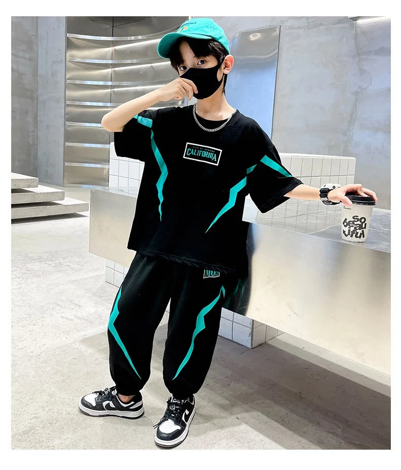 Summer Boys Cotton Alphabet Lightning T-Shirt Tops+Sweatpant School Kids 2PCS Tracksuit Child Jogger Outfit Workout Set 5-14 Yr