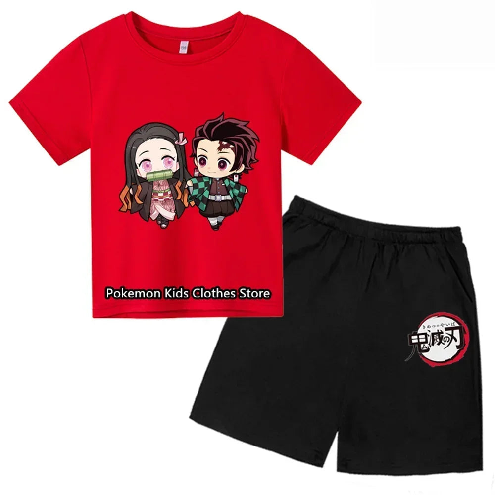 Boys Girls Clothes Set Summer Cartoon Demon Slayer T shirt+Short Pants 2pcs Children Clothing Teen 1 2 3 4-14 Year Kids Suit