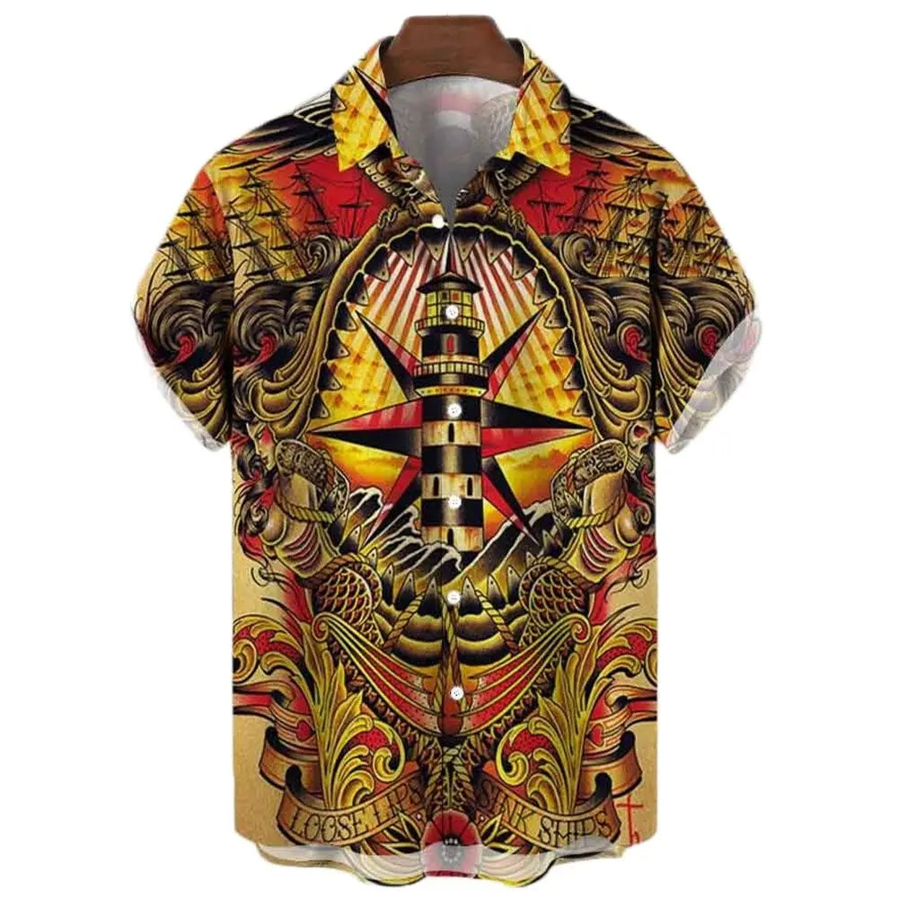 Japanese Men's Shirts Koi Print Hawaiian Buttons Beach Aloha Tops New 2024