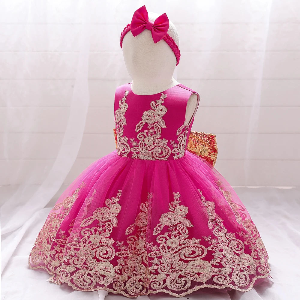 Gold Bow Flower Baby Dress for Girls Christmas Costumes 1st Birthday Party Princess Dresses Wedding Formal Evening Kids Clothing
