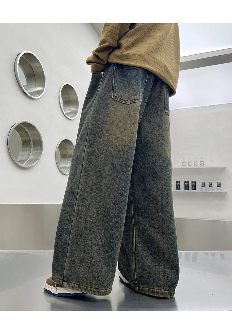 Autumn Winter School Boy Insulate Jeans Denim Pants Streetwear Child Retro Blue Straight Cut High Waist Warm Thermal Trousers