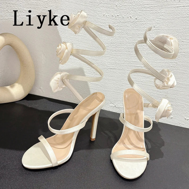 Liyke Elegant Women Wedding Banquet Shoes Fashion Silk Flowers Designer Sandals Female Open Toe Slip On Ankle Strap High Heels