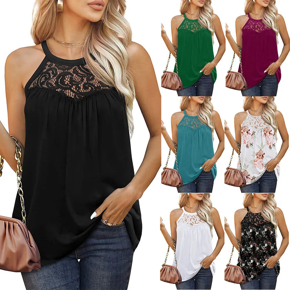 Lace Hollow Sleeveless Tank Top T-shirt Women's Summer Loose large Size Sexy Strap Tanks Round Neck Solid Color Clothes