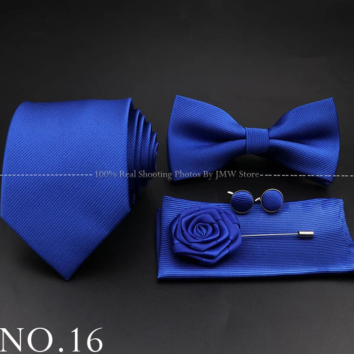 Hot Sale Red Blue Tie Set Polyester Slim Striped Necktie Bowtie Cufflink Brooch For Groom Suit Wedding Cravat Shirt Accessory