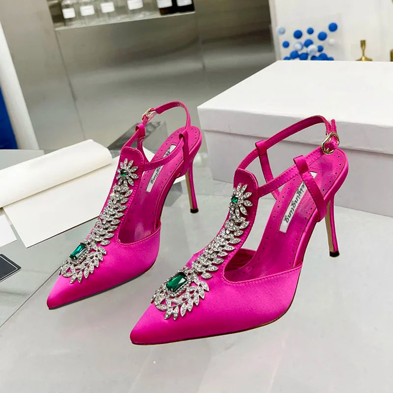 Ladies Wedding Shoes Rhinestone Pointed Toe High Heels Satin Gemstone Stiletto Sandals 2022 New Baotou Fairy Pump Wedding Shoes