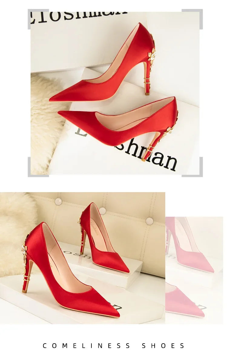 Women's Metal Flowers Stiletto High-heel Shoes Female Light Luxury Sexy Fashion Wedding Shoes Pointed Toe Satin Single Shoes