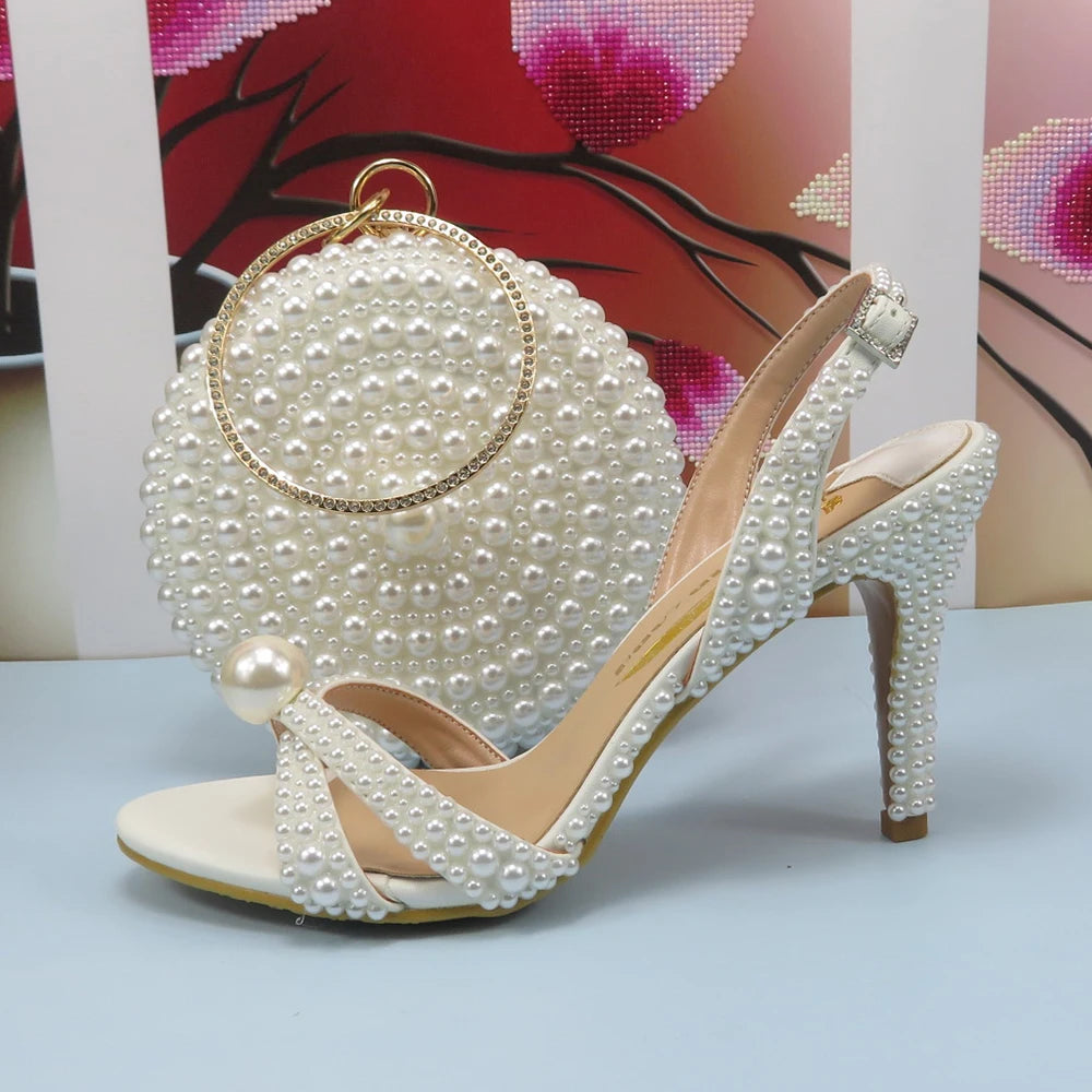 2024 New Arrival Hademade White Sandals Bridal shoes bag set woman Big Pearl Girls fashion Sandals party Shoes Fashion Thin Heel