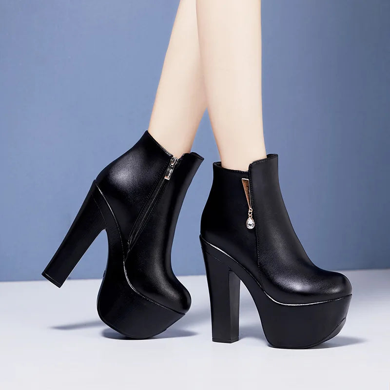 15cm Small Size 32-43 Sexy Extreme Block High Heels Shoes Women Boots Winter 2025 Thick Platform Boots Ankle Botas Model Office