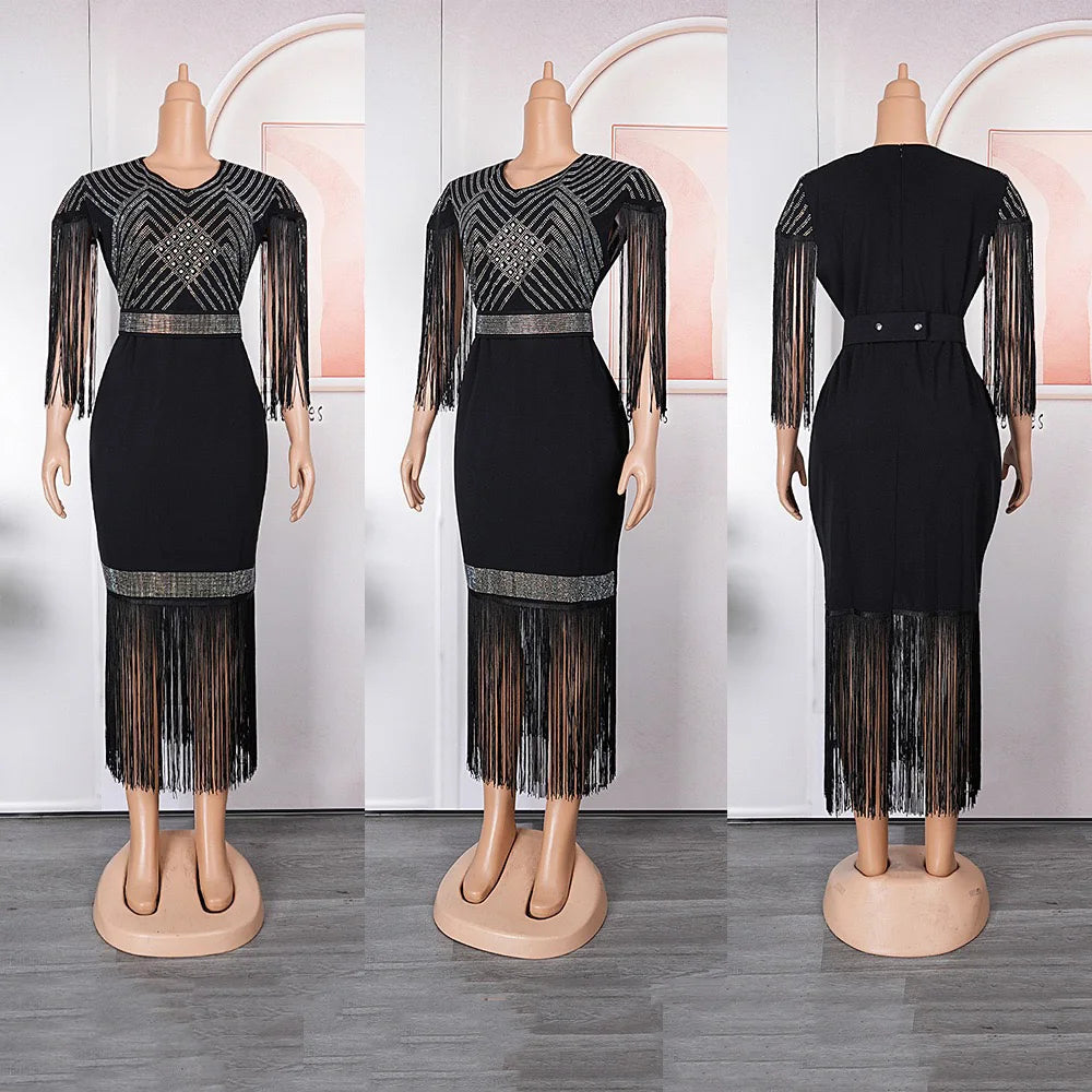 Elegant African Dresses New Trends Luxury Diamond Tassel V Neck Sheath Mid Calf Modest Female Business Work Wear Gowns Clothes
