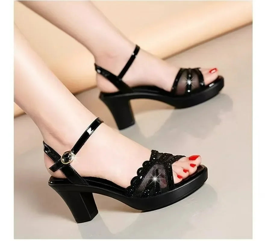 New Platform Sandals Women's Wedding Shoes 2024 Summer New Elegant Leather High Heel Sandals Women's Office Sandals Heels Pumps