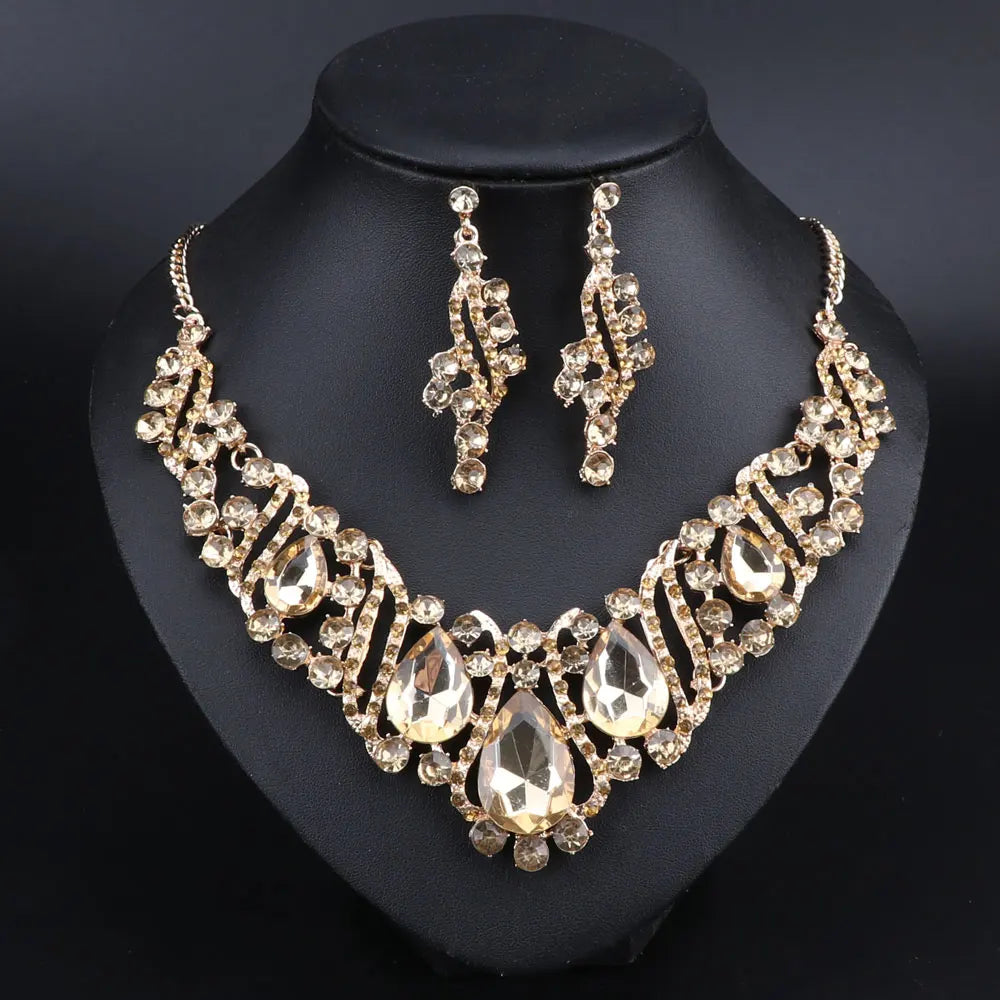 Fashion Crystal Gold Color Necklace Earrings Indian Bridal Jewelry Sets For Brides Wedding Party Costume Accessories Women