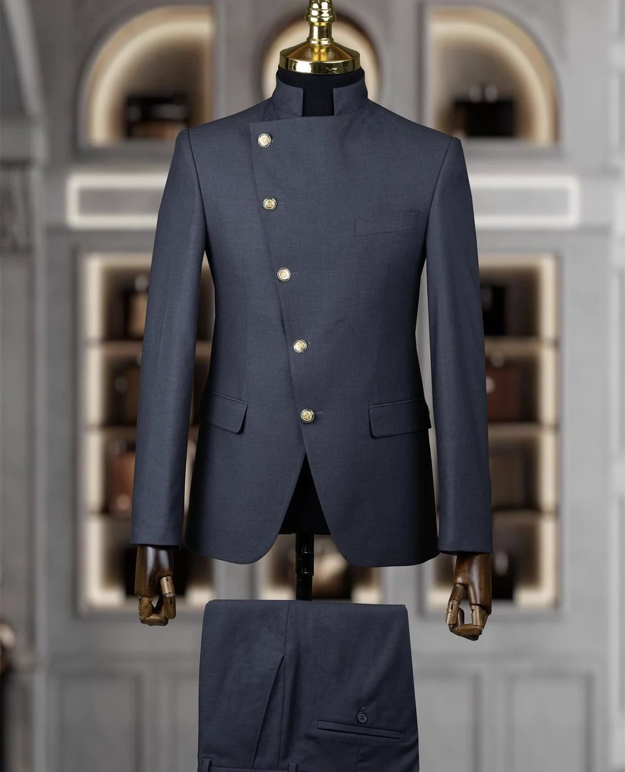 Men's Suit Blazer Sets 2 Pieces East Style Slim Fit Formal Indian Middle Stand-Up Collar Suit for Men Slant-Breasted Wedding