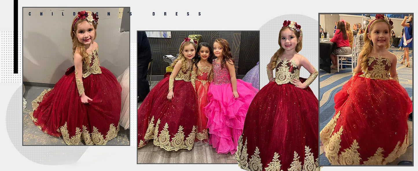 Glitter Puffy Princess Flower Girl Dresses Gold Appliques Bow Tulle Long Pageant Wedding Party Mini Quinceanera Dress Ball Gowns