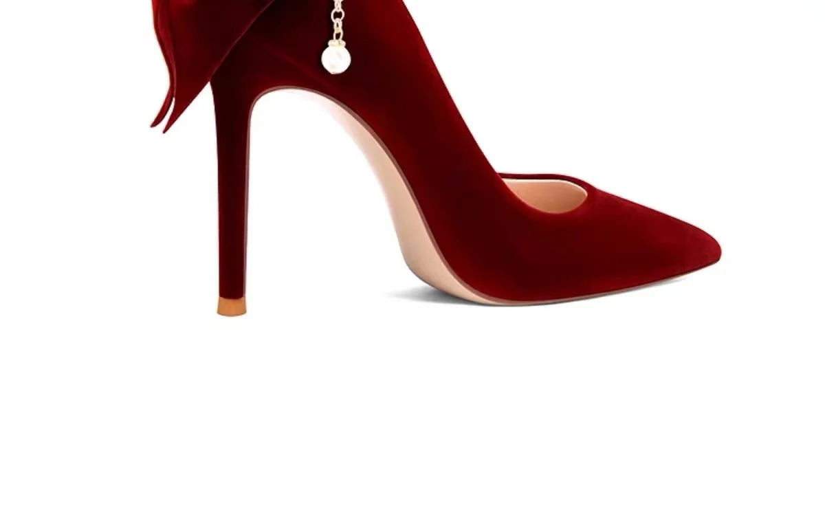 Red Xiuhe wedding shoes new pointy stiletto high heels female shallow mouth bow pearl one word buckle strap two wear bride shoes